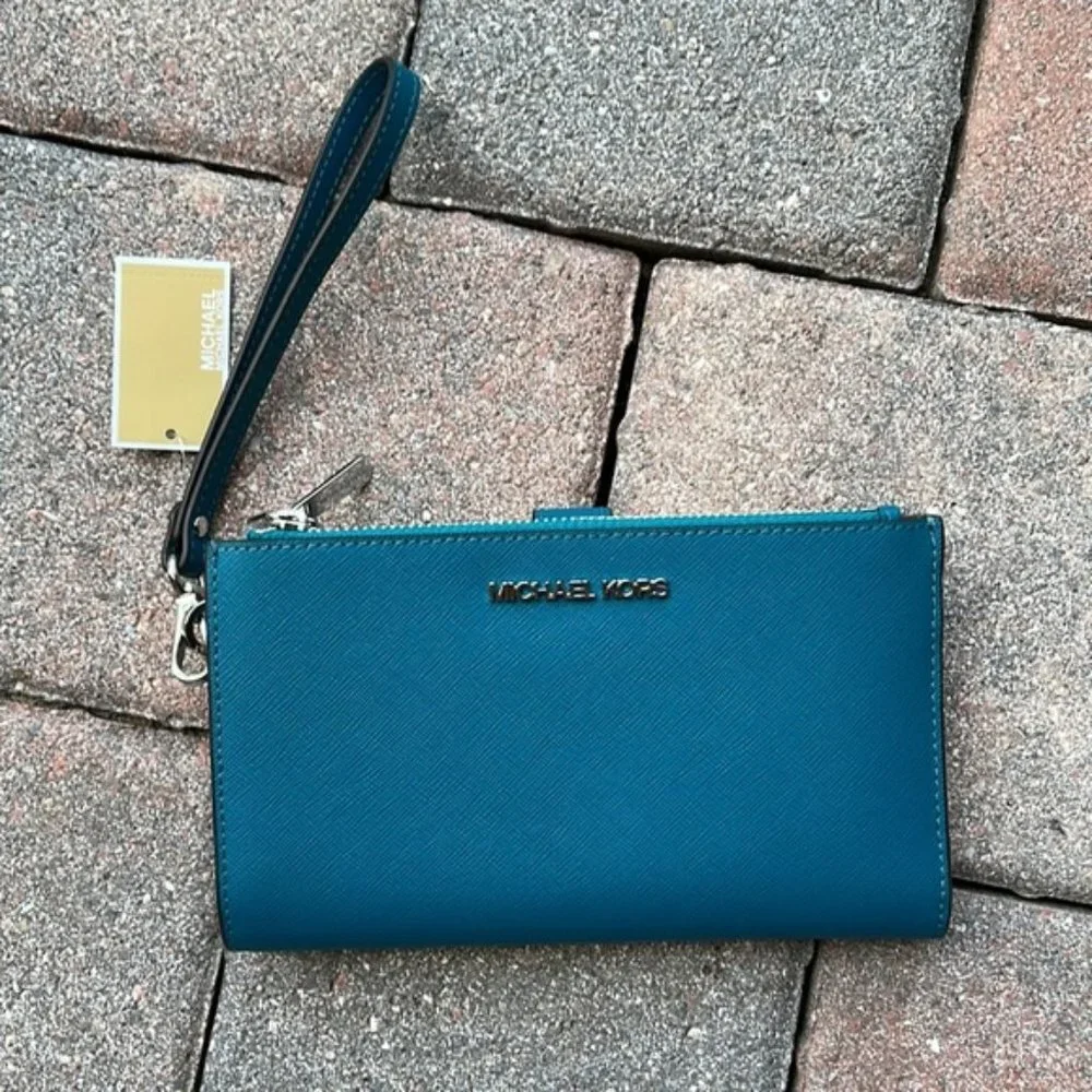 Michael Kors Large Double Zip Leather Wallet Wristlet Phone Case Lagoon